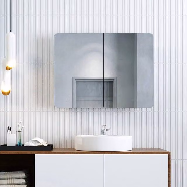 FORGEVIO Modern Wall Mounted Silver Bathroom Cabinet with Mirror Door and Internal Shelves – 1