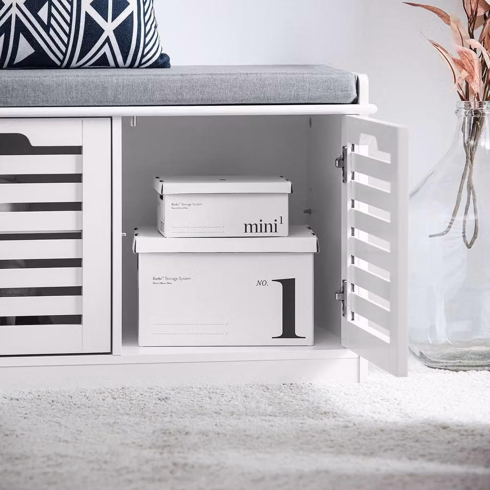 SoBuy Slim White Entrance Bench and Shoe Rack with Dual Storage Compartments – 3