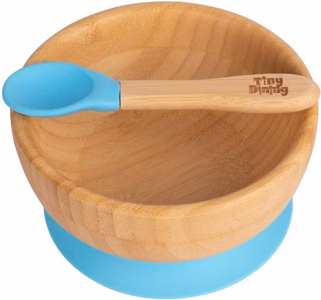 Tiny Dining Children's Bamboo Suction Cereal Bowl and Ergonomic Cutlery Set in Blue