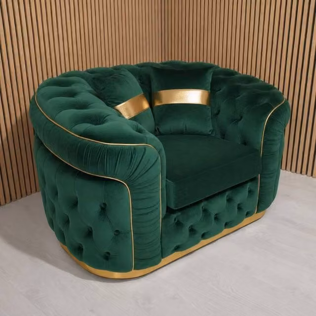 Stratus Interiors Ambassador Chesterfield Sofa in Green Plush Velvet with Gold Trim