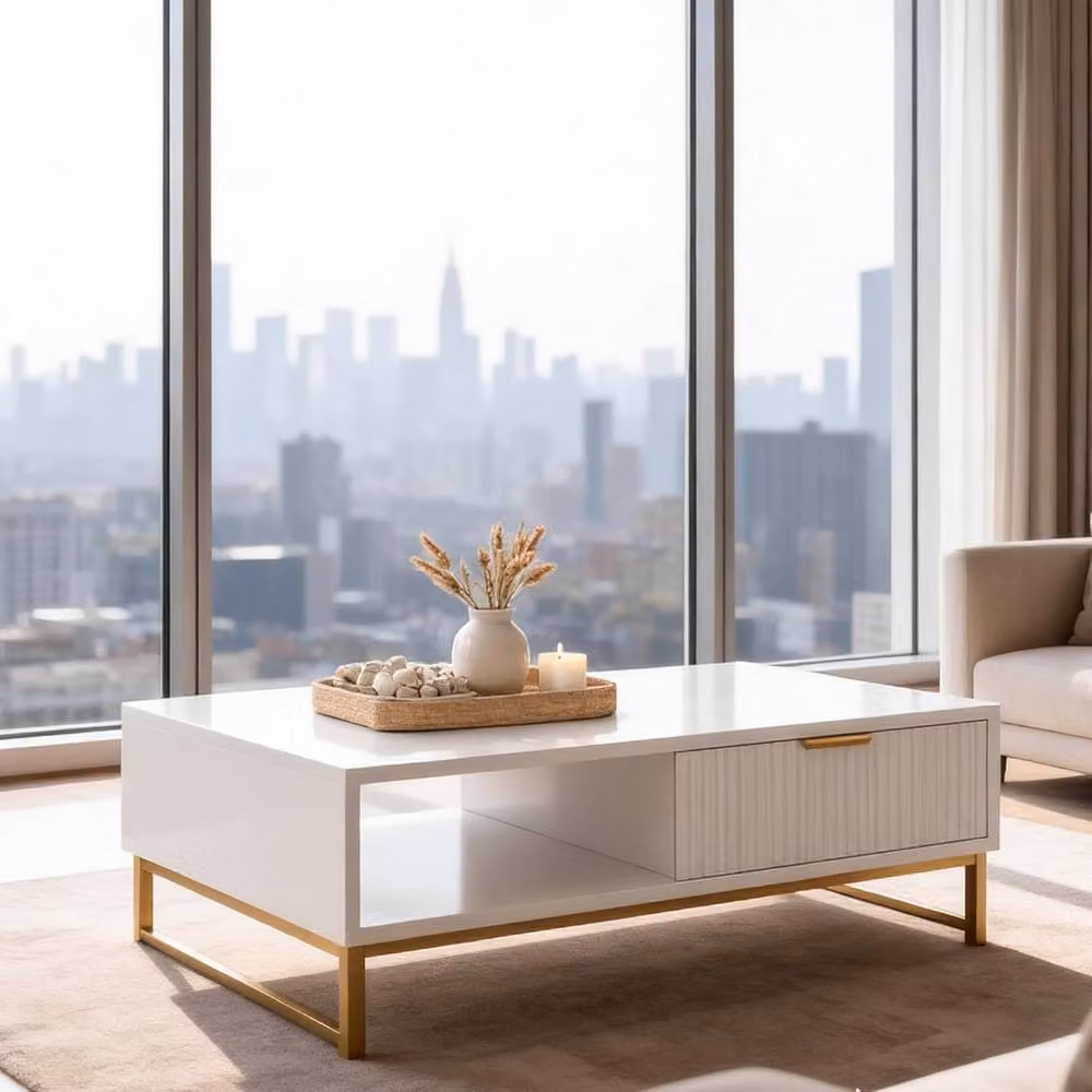 Furniture One Modern White and Gold Rectangular Coffee Table with Drawer and Open Shelf – 3