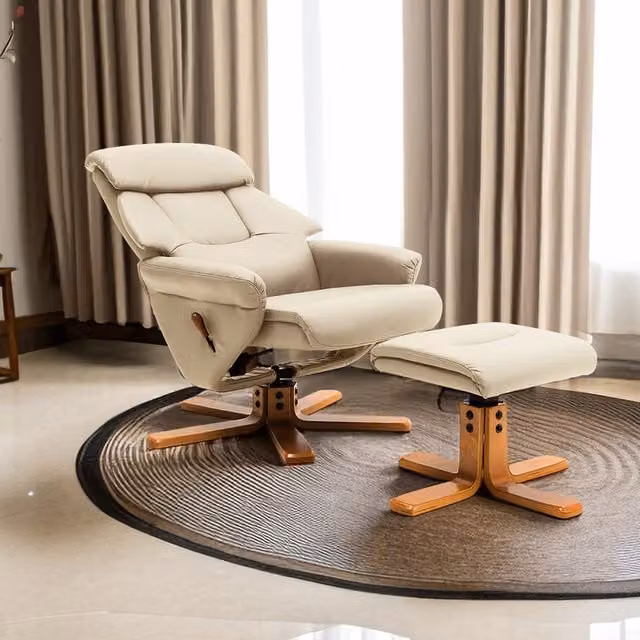 Livingandhome Swivel Reclining Chair with Footstool in Beige Faux Leather