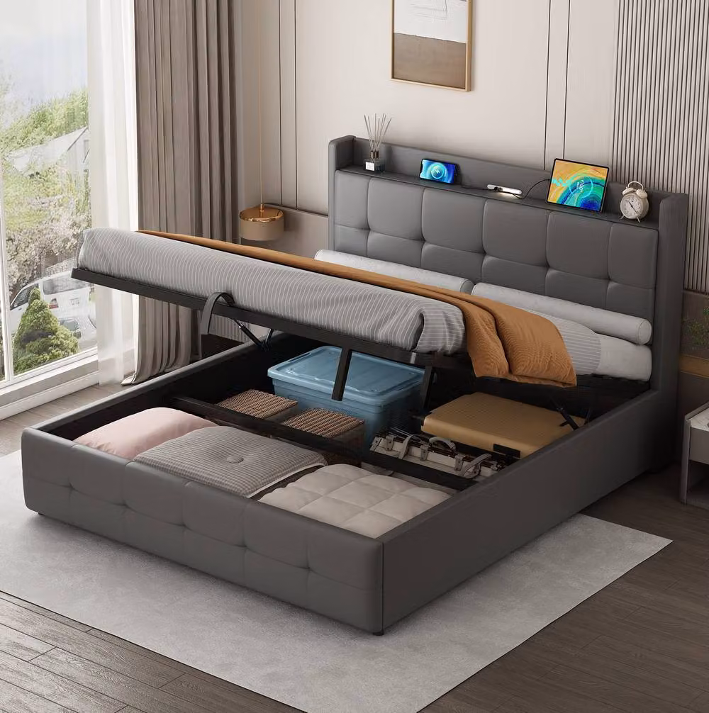 STILVORA King Size Ottoman Bed with Under-Bed LED Lighting and USB Charging Ports, Grey – 3