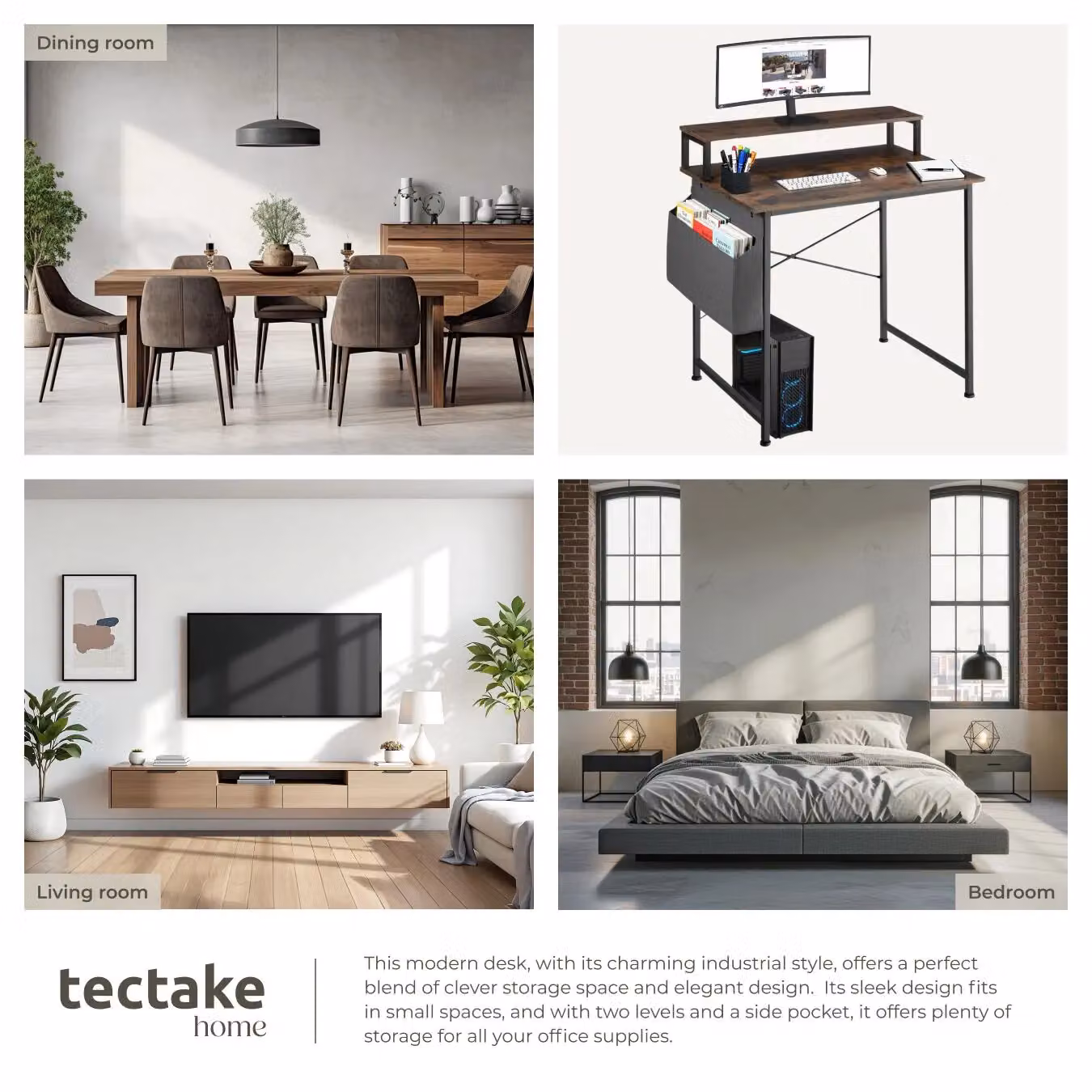 tectake Computer Desk with Shelving and Fabric Storage Bag in Brown and Black – 5
