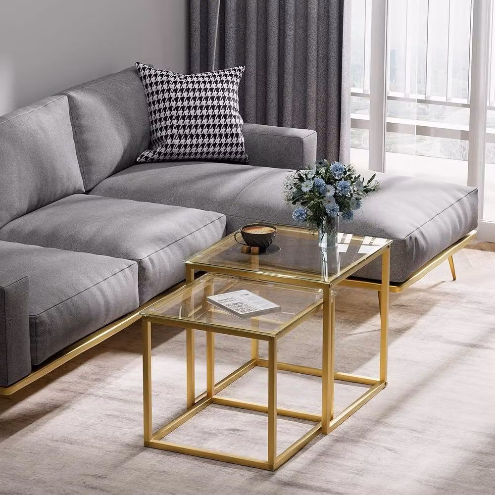 Huhote Set of 2 Nesting Tables with Gold Metal Frame and Glass Tops – 5