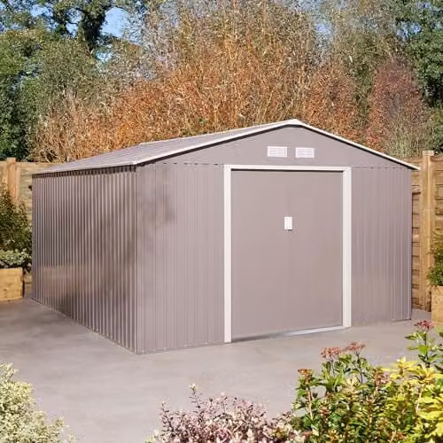Rowlinson Trentvale 10x12 Metal Apex Shed in Light Grey with Foundation Kit, Double Doors and Windows