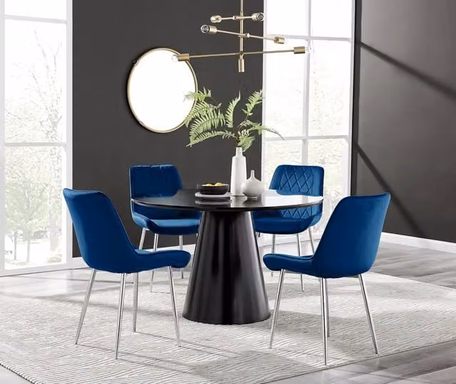 FurnitureboxUK Palma Black Semi Gloss Round Dining Table and 4 Pesaro Silver Leg Chairs in Navy