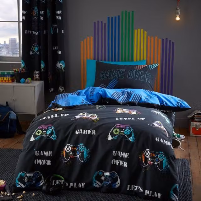 Catherine Lansfield Game Over Reversible Polycotton Duvet Cover Bedding Set in Black and Blue