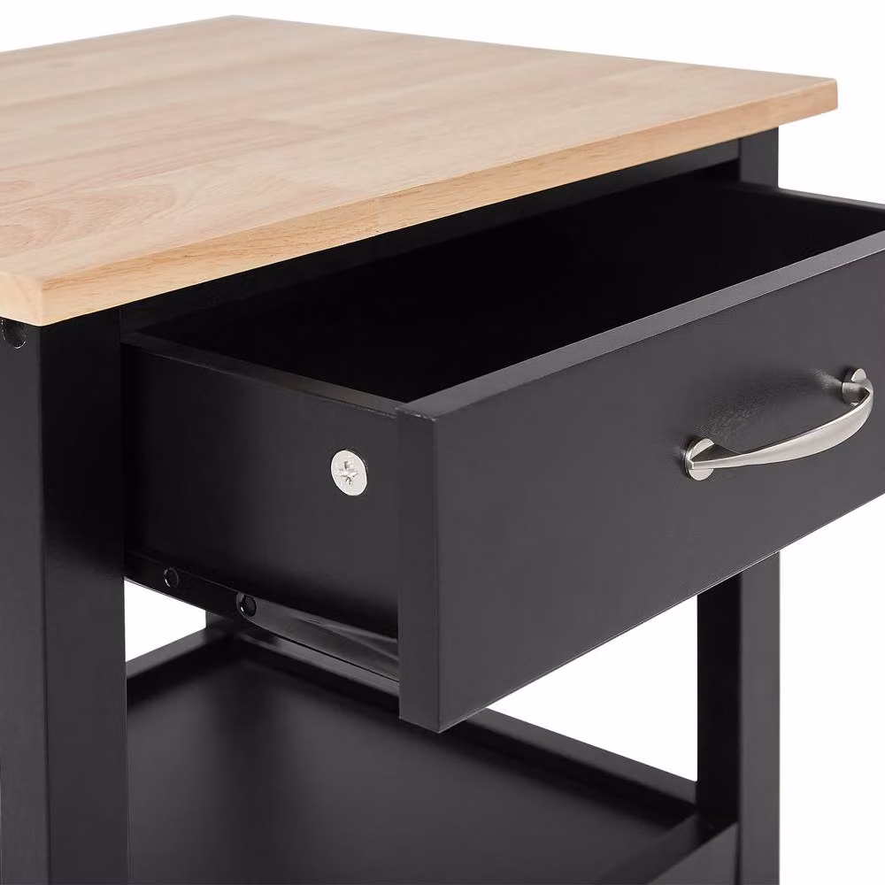 Wyld and Coco Essentials Modern Black Kitchen Trolley with Rubberwood Top and Drawer, H 91.0 x W 60.0 x D 48.0 cm – 4