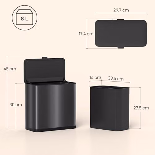 HOMCOM 8L Hanging Kitchen Bin in Black Stainless Steel with Touch Lid and Removable Inner Bucket – 2