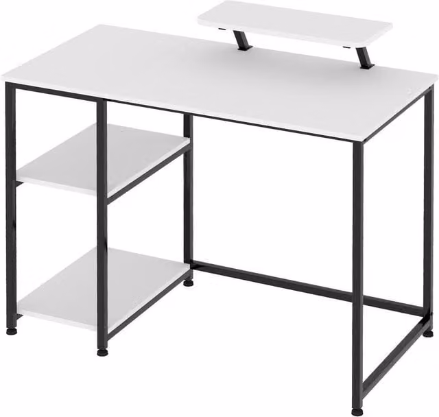 FORGEVIO Modern White Computer Desk with Storage Shelves and Monitor Stand, W/D/H: 100 x 50 x 76 cm