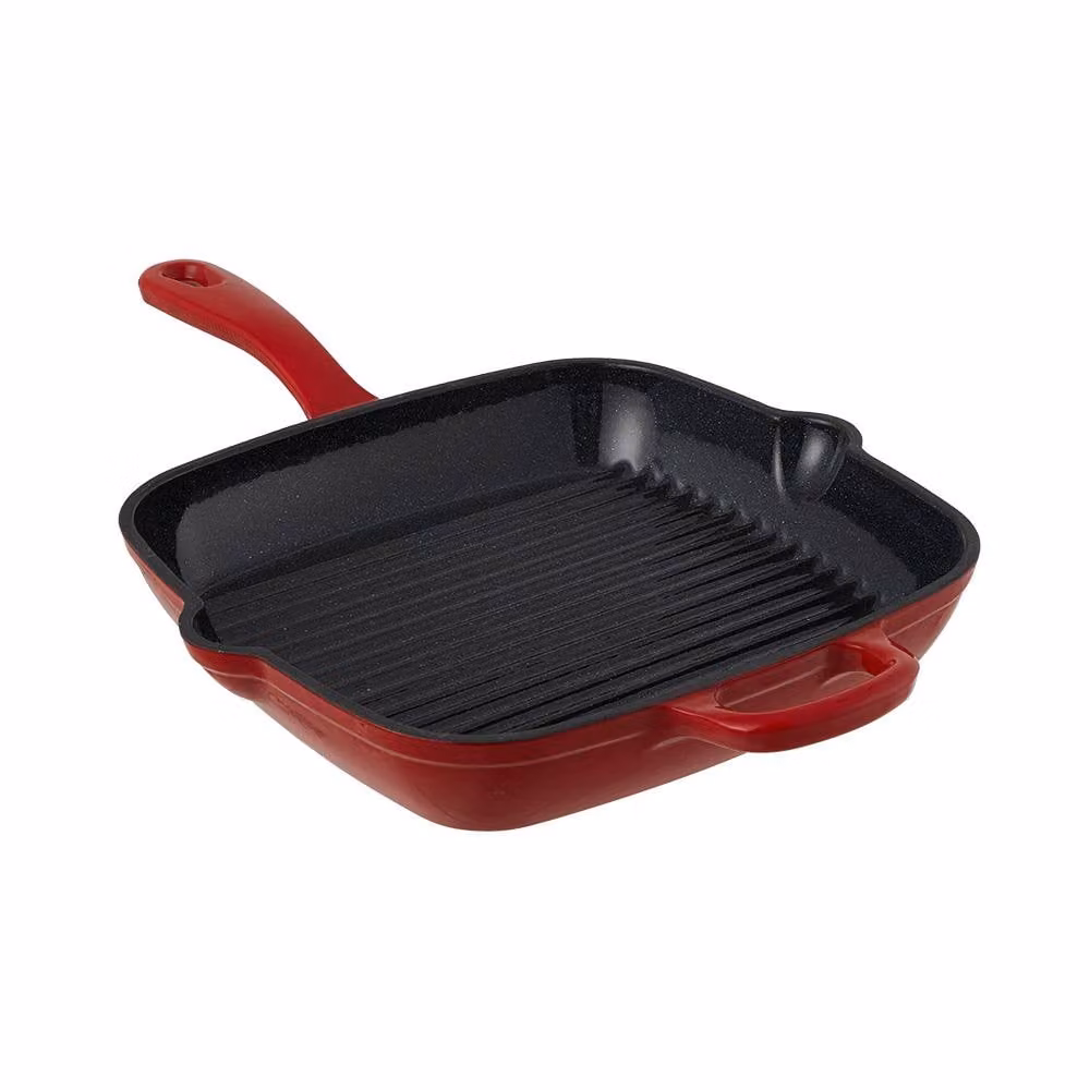 Living and Home Enamelled Cast Iron Grill Pan Skillet with Pouring Spouts in Red – 2