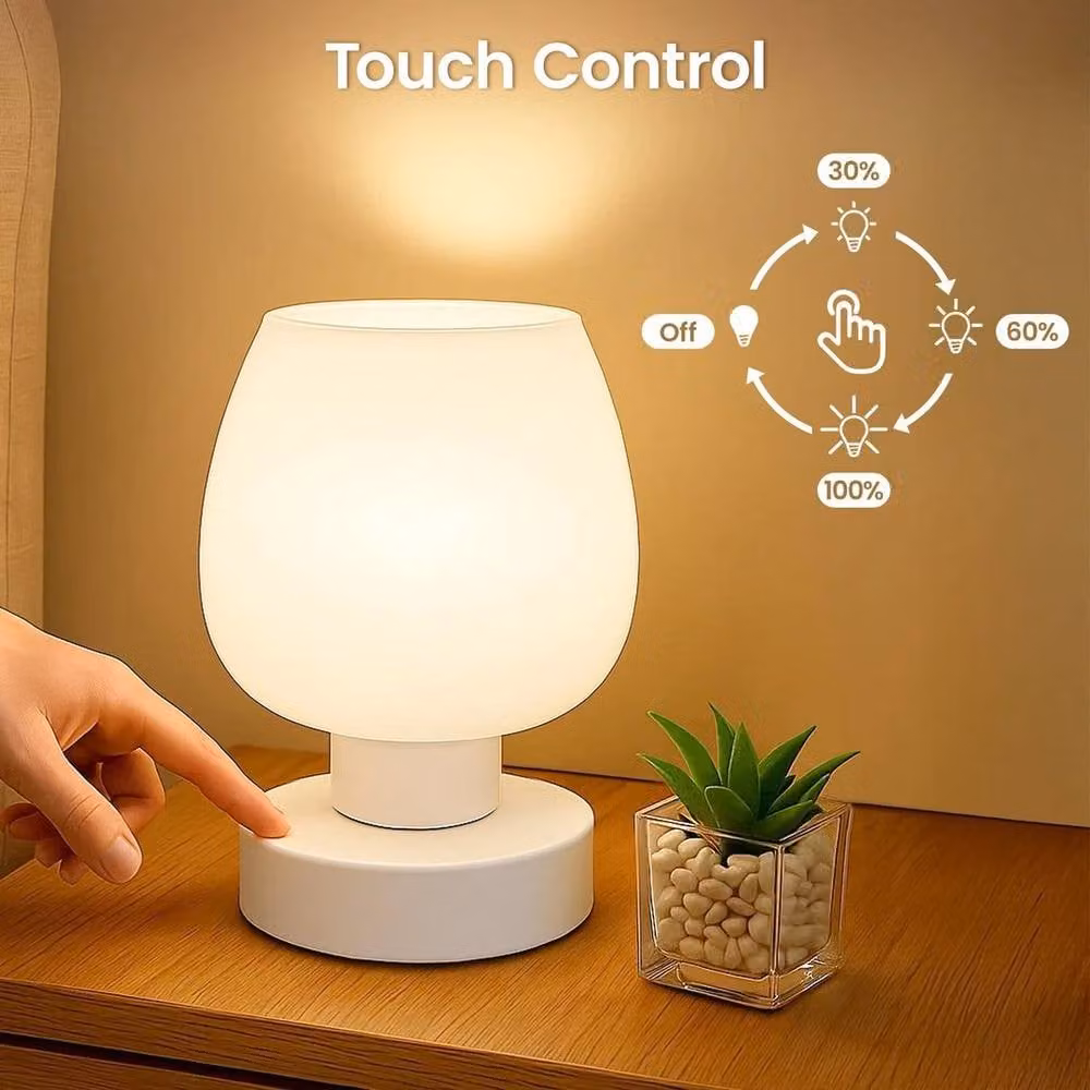 EONLION Modern Touch Table Lamp with White Glass Globe Shade and 3-Level Dimmable Warm White LED – 3