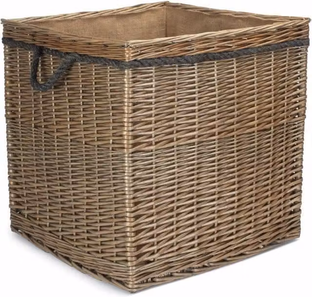 Red Hamper Large Antique Wash Square Storage Log Basket in Light Brown with Handles