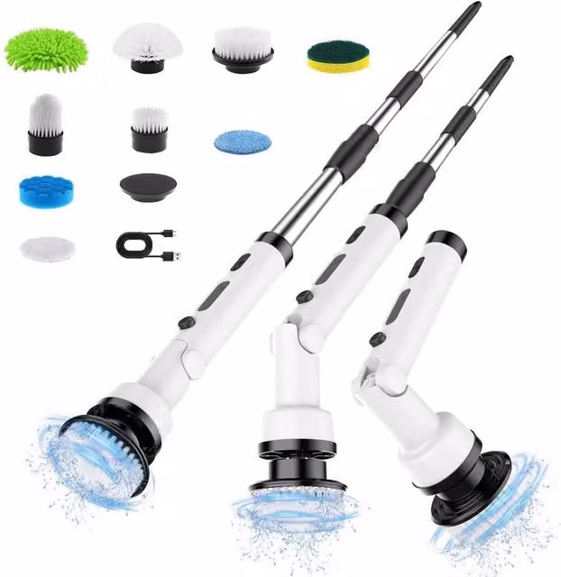 NESTLUNE 9 Head Pro Spin Scrubber Cordless Rechargeable, White, H 100 cm x W 15 cm