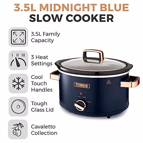 Tower Cavaletto 3.5 Litre Slow Cooker in Blue and Gold with Keep Warm Function and Dishwasher Safe Parts – 2