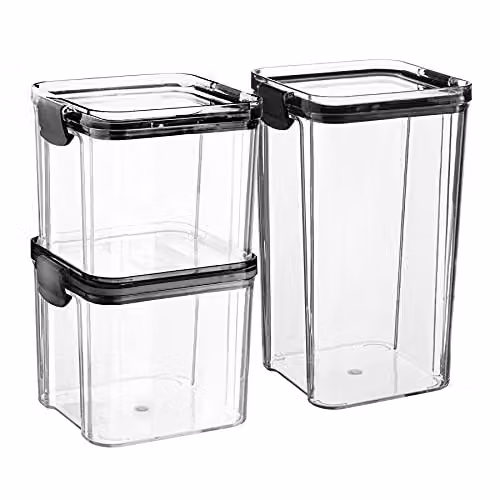 Argon Tableware 3 Piece Food Storage Container Set in Black and Transparent, BPA-Free Stackable and Leakproof Plastic Clip-Top Jars