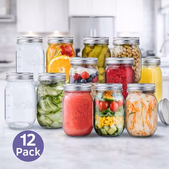 Volila Set of 12 Airtight and Leakproof Transparent Glass Mason Jars with Lids