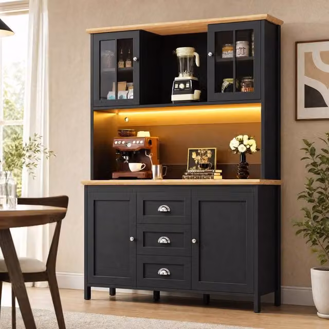STILVORA Modern Black Freestanding Storage Cabinet with Integrated LED Lighting, 4 Doors and 3 Drawers, H 179 cm x W 40 cm x D 40 cm