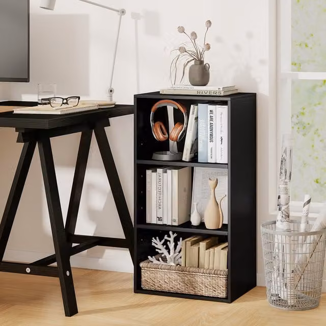 COSTWAY Black Cube Freestanding Open Bookshelf with Adjustable Shelves and Back Panel