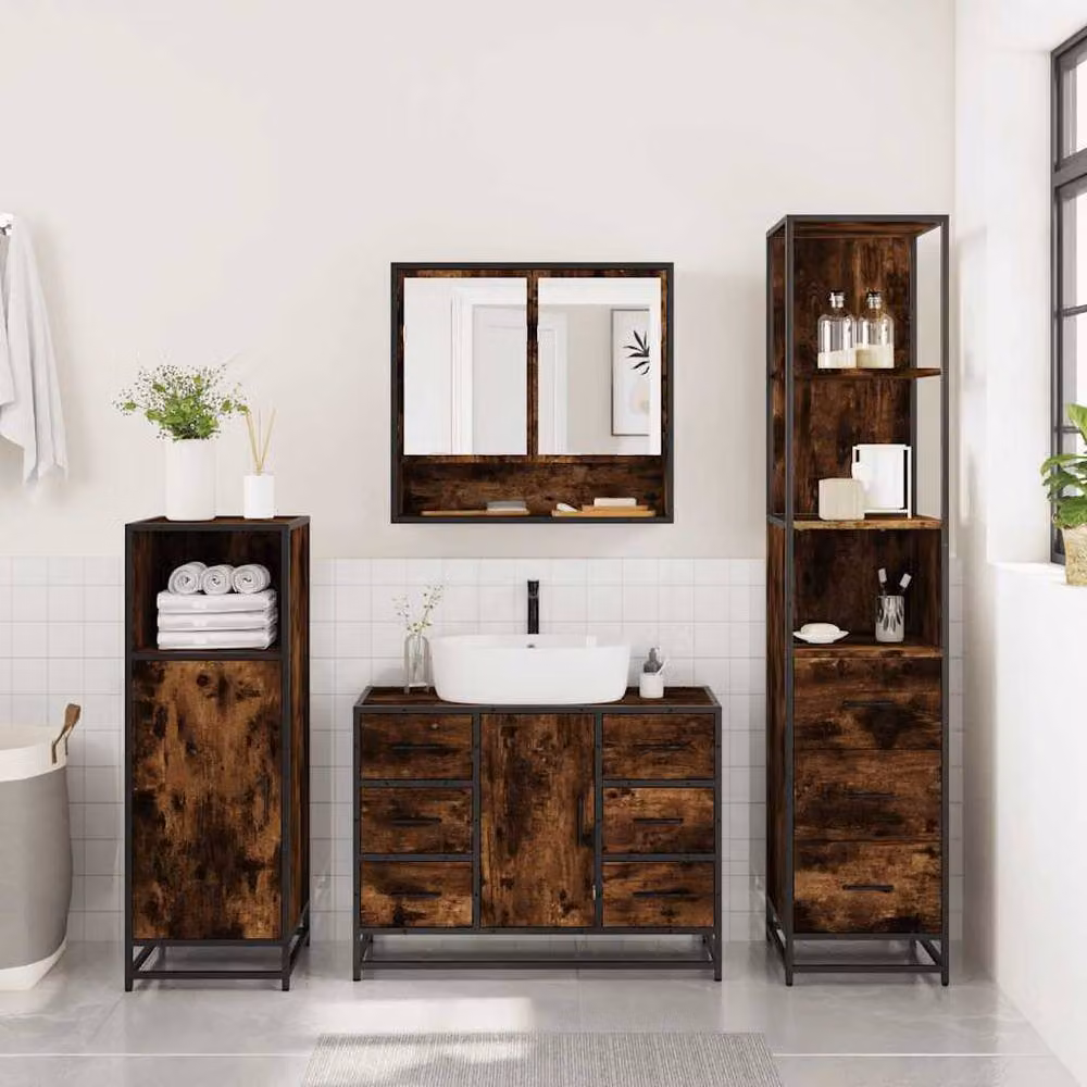 Berkfield Home 3 Piece Industrial Bathroom Furniture Set in Smoked Oak Brown – 3
