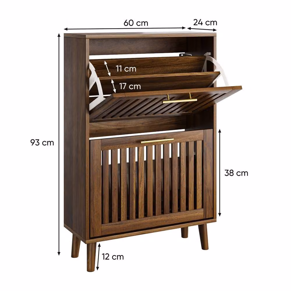 Merax Slim Walnut Shoe Storage Cabinet with 2 Tilting Compartments and Open Shelf – 2