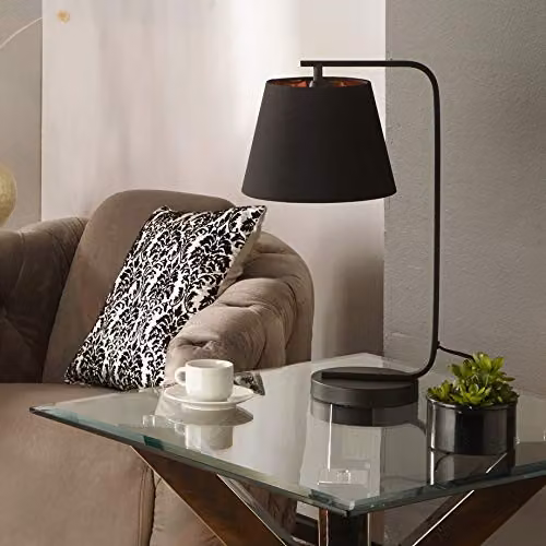 K LIVING Modern Black Table Lamp with Copper Lining and Fabric Cone Shade