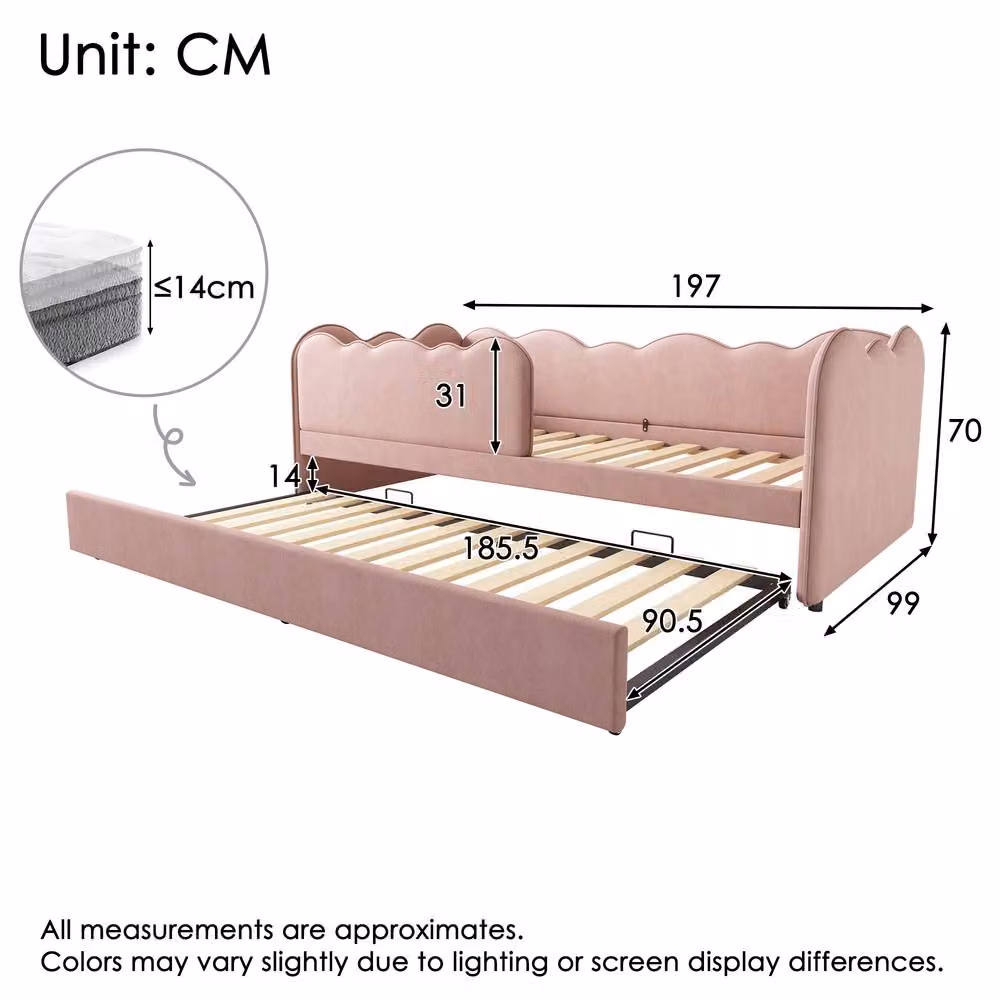 STILVORA Pink Velvet Single Daybed with Pull-Out Trundle, W/D/H: 90 x 190 cm – 2