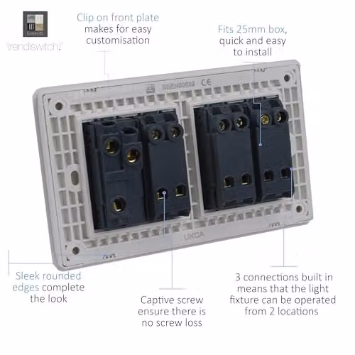 Trendi 4 Gang Light Switch (1x 2 Way & 3x Intermediate) 10 Amp, Ice White – 2