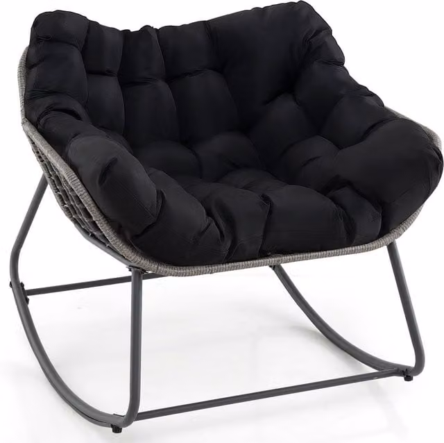 Gymax Oversized Outdoor Rocking Egg Chair with PE Wicker and Cushion in Black