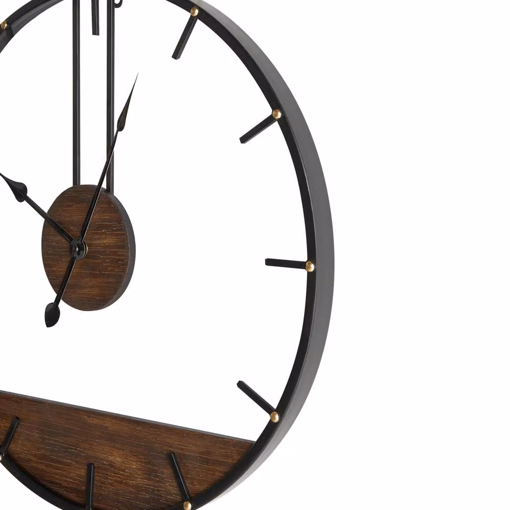 Wyld and Coco Industrial Scandi Round Wall Clock in Black Metal and Wood, Diameter: 60 cm – 3