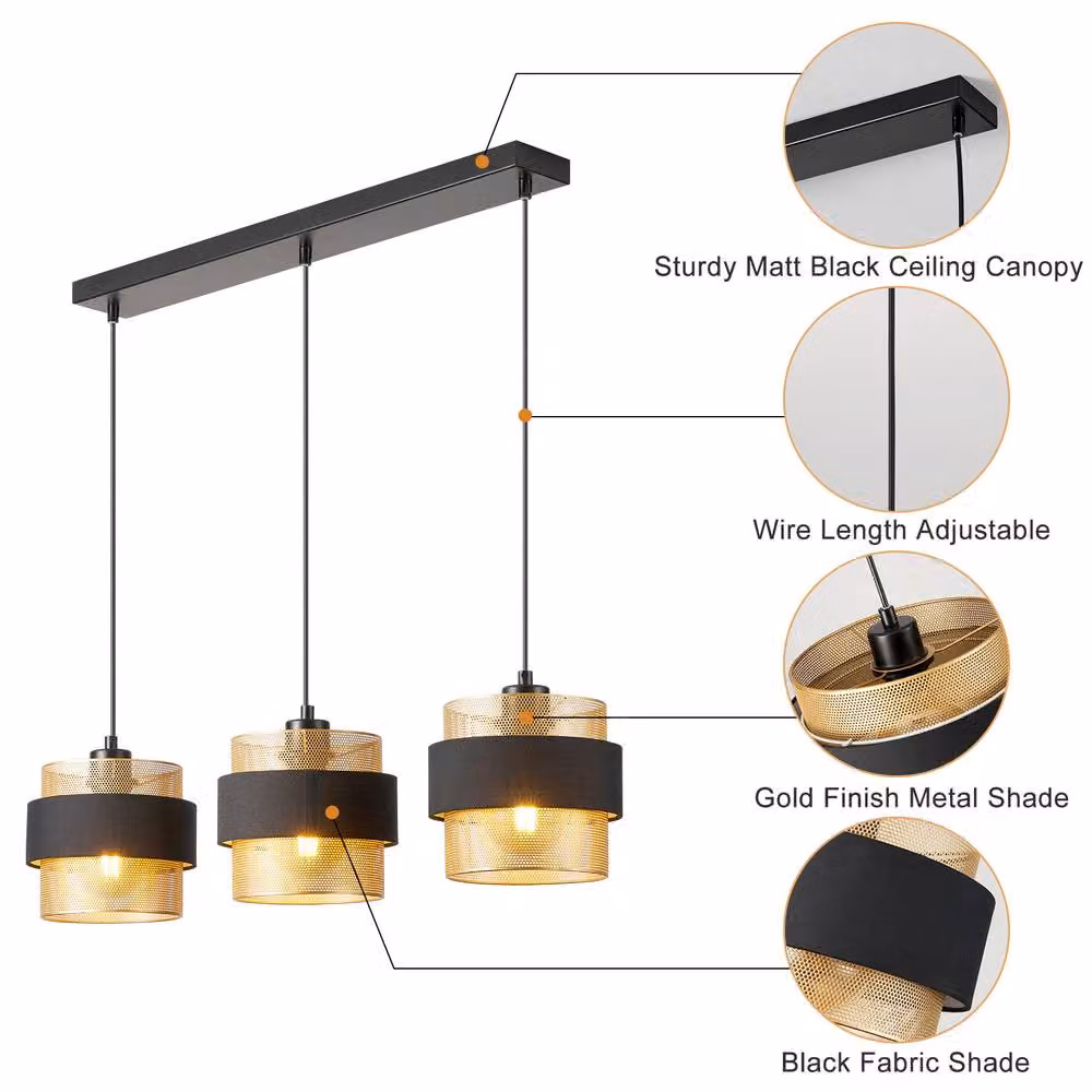Harper Living 3-Light Modern Suspended Pendant Light in Black Fabric and Gold Metal – 5