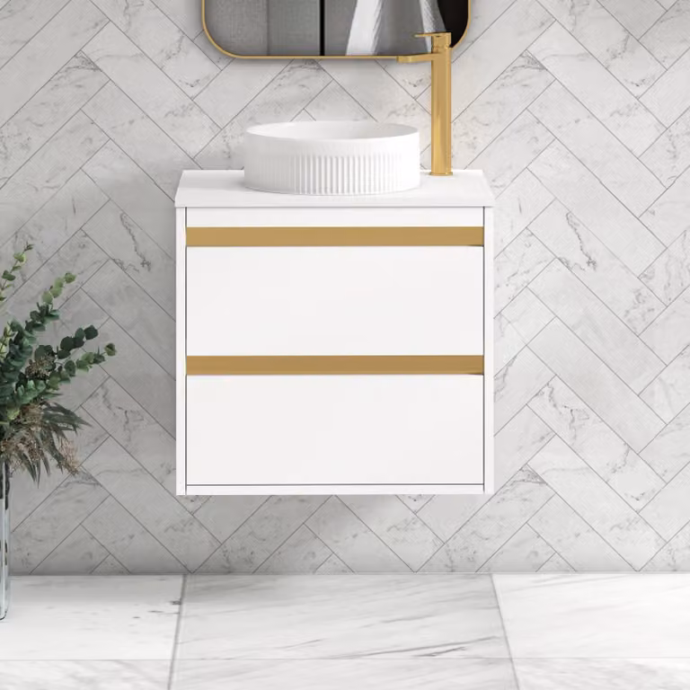 Royal Bathrooms Orion 600mm Matt White Wall Hung Vanity Unit with 2 Drawers, Round Basin and Brushed Brass Accent Trim