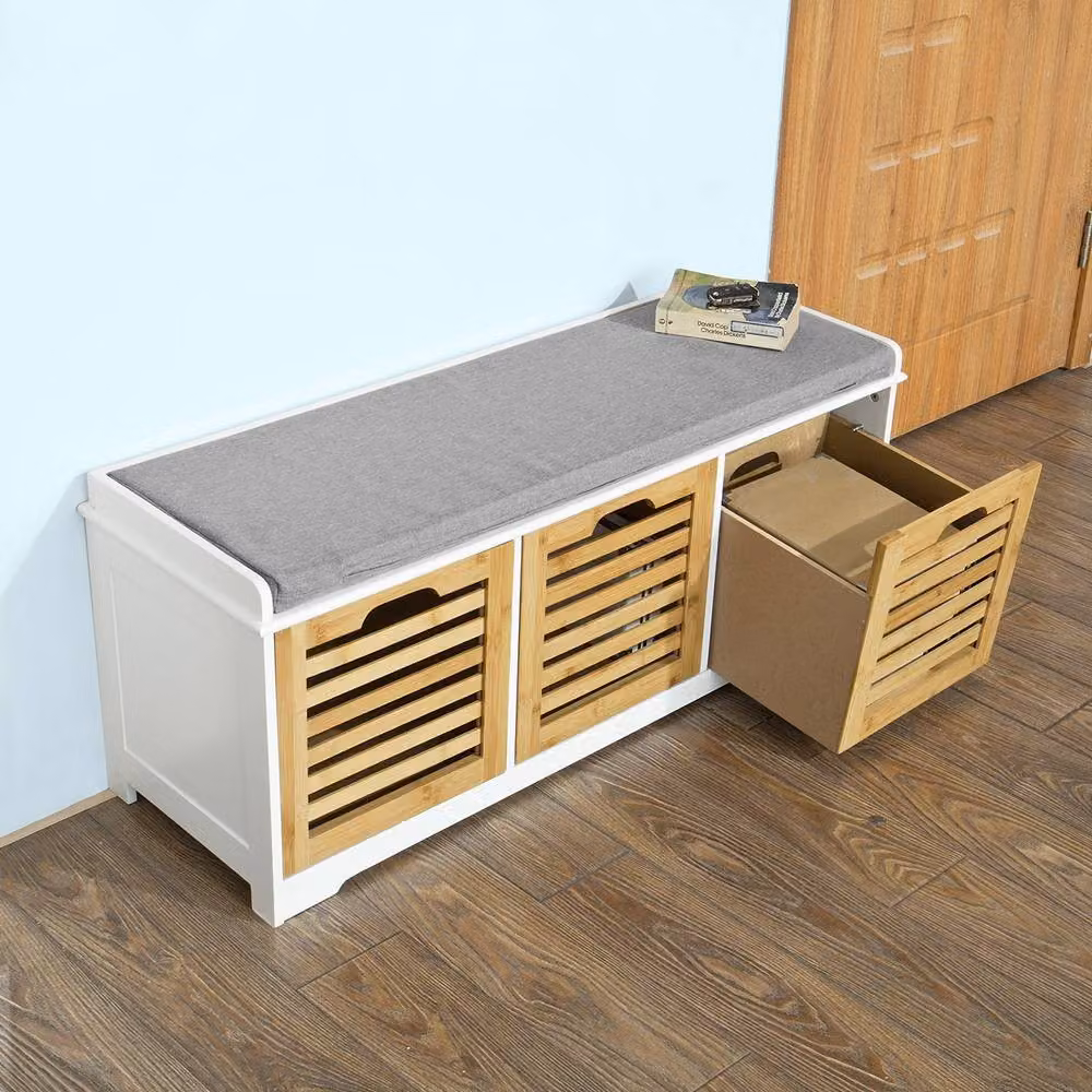 SoBuy Scandinavian Style Slim Entrance Bench with 3-Compartment Storage in White and Grey – 6