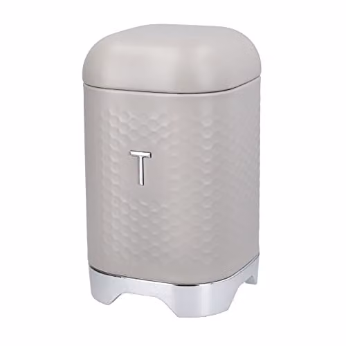 Lovello Metal Tea Container in Beige with Geometric Textured Lid, W/D/H: 11.5 x 11.5 x 19.5 cm – 1