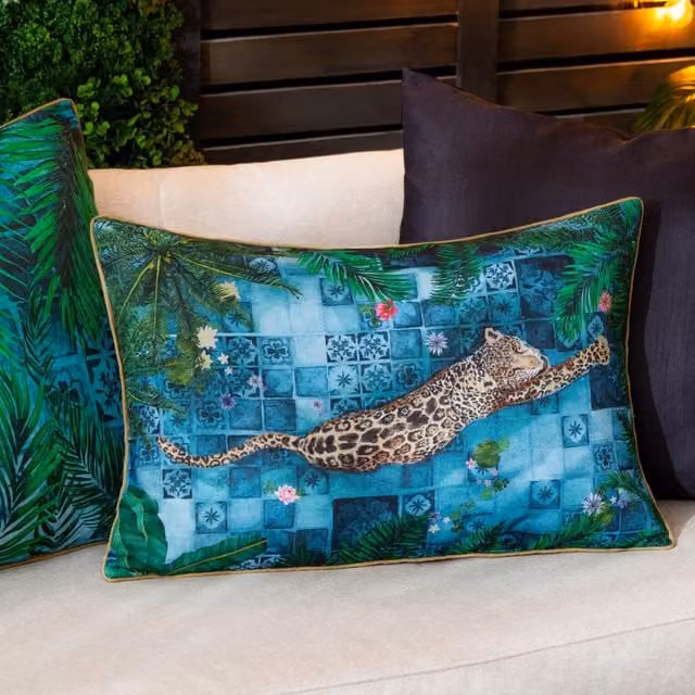 Paoletti Majorelle Leopard Moroccan Piped Outdoor Cushion in Blue, W: 60 cm, H: 40 cm, W: 40 cm