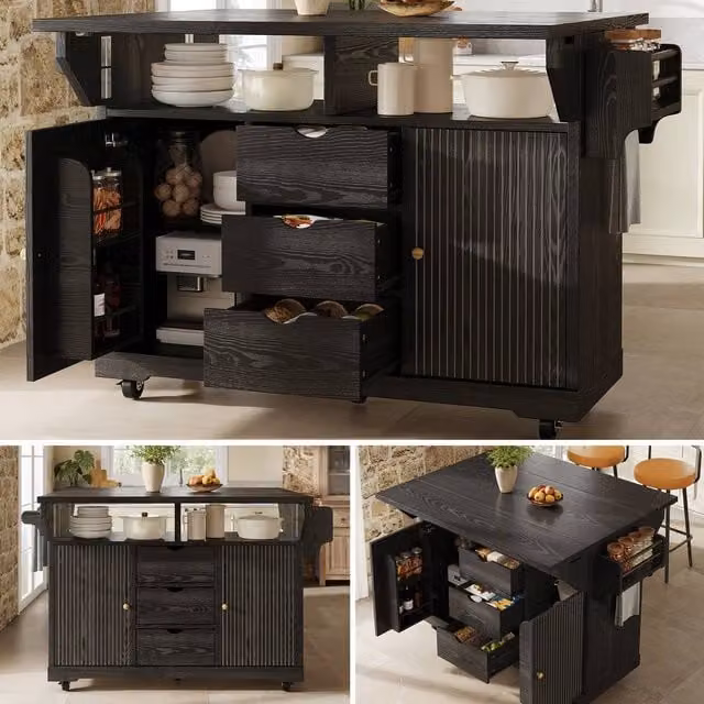 BTM Modern Foldable Kitchen Trolley Rolling Serving Cart in Black