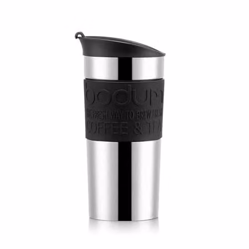 Bodum Vacuum Insulated Travel Mug with Lid, Stainless Steel and Silicone, Black, 350ml – 1
