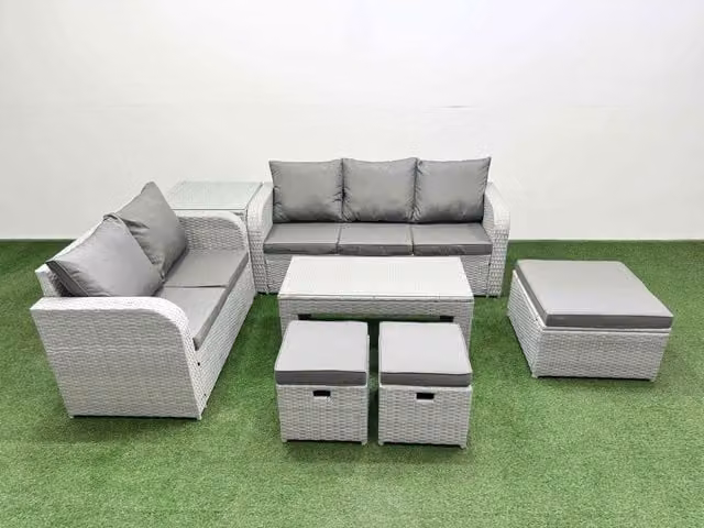 Fimous 8 Seater Grey PE Rattan Wicker Garden Furniture Set with 3 Seater Sofa, Love Seat, Oblong Coffee Table and 3 Stools