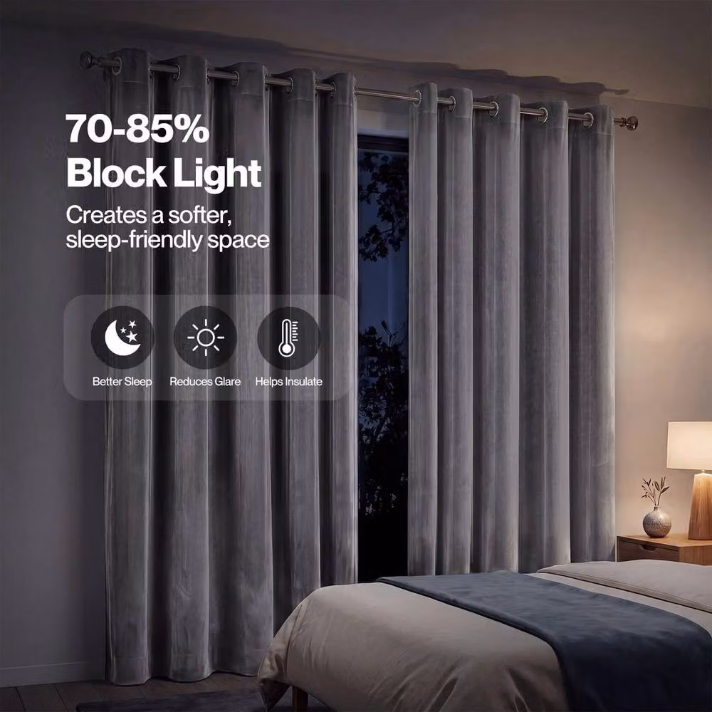 VOGREX Grey Velvet Thermal Blackout Eyelet Curtains W: 167.64 cm, H: 182.88 cm – 3