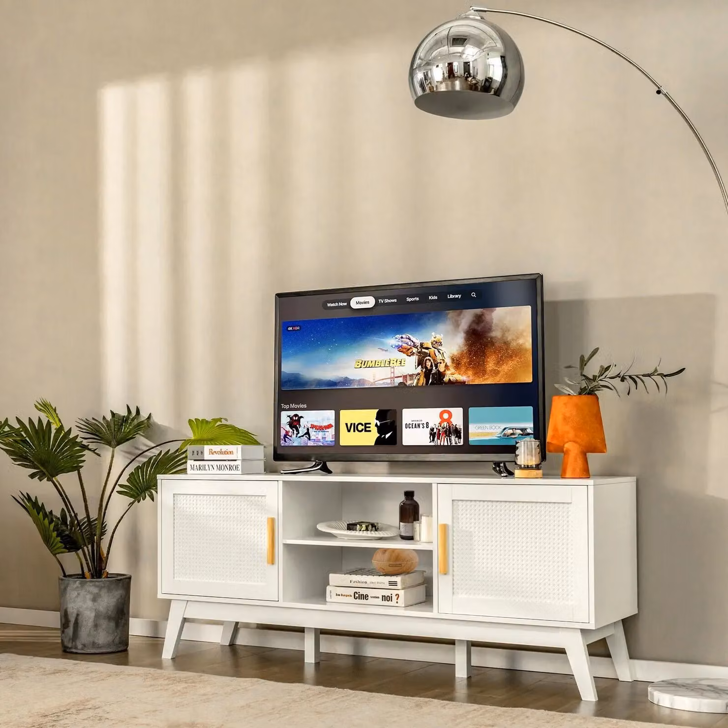 Costway White Modern TV Stand with Rattan 2-Door Cabinet and Adjustable Shelf for TVs up to 65 inch – 2