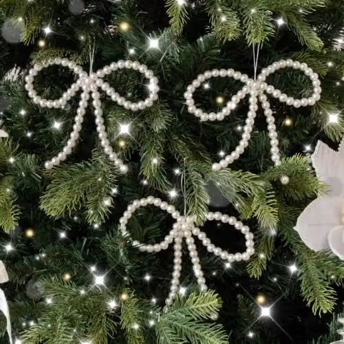 Melody Maison Set of 3 White Pearl Bow Bauble Christmas Decorations