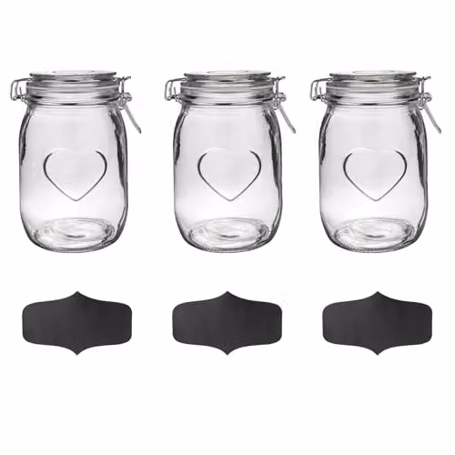 Nicola Spring Heart Shaped Glass Storage Jars with Airtight Clip Lids and Chalkboard Labels, 1000ml, Pack of 3, Transparent – 1
