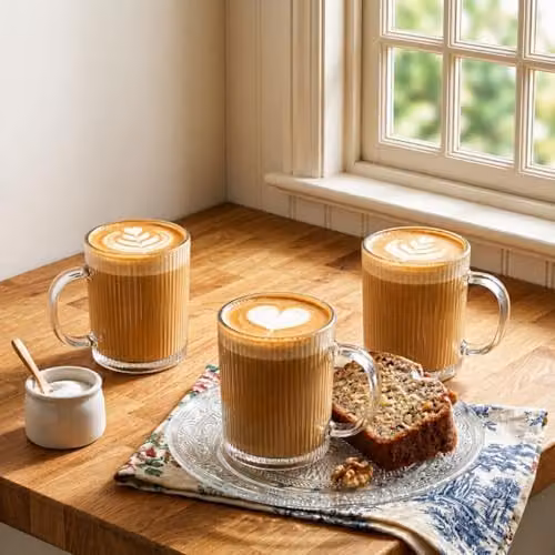 Eden & Willow Set of 6 Tall Ribbed Glass Coffee Mugs, 350ml, Clear – 4