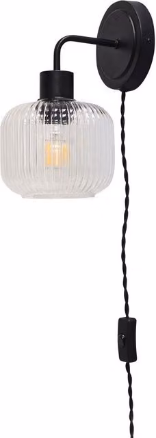 First Choice Lighting Toby Black Plug-in Wall Light with Transparent Ribbed Glass Shade