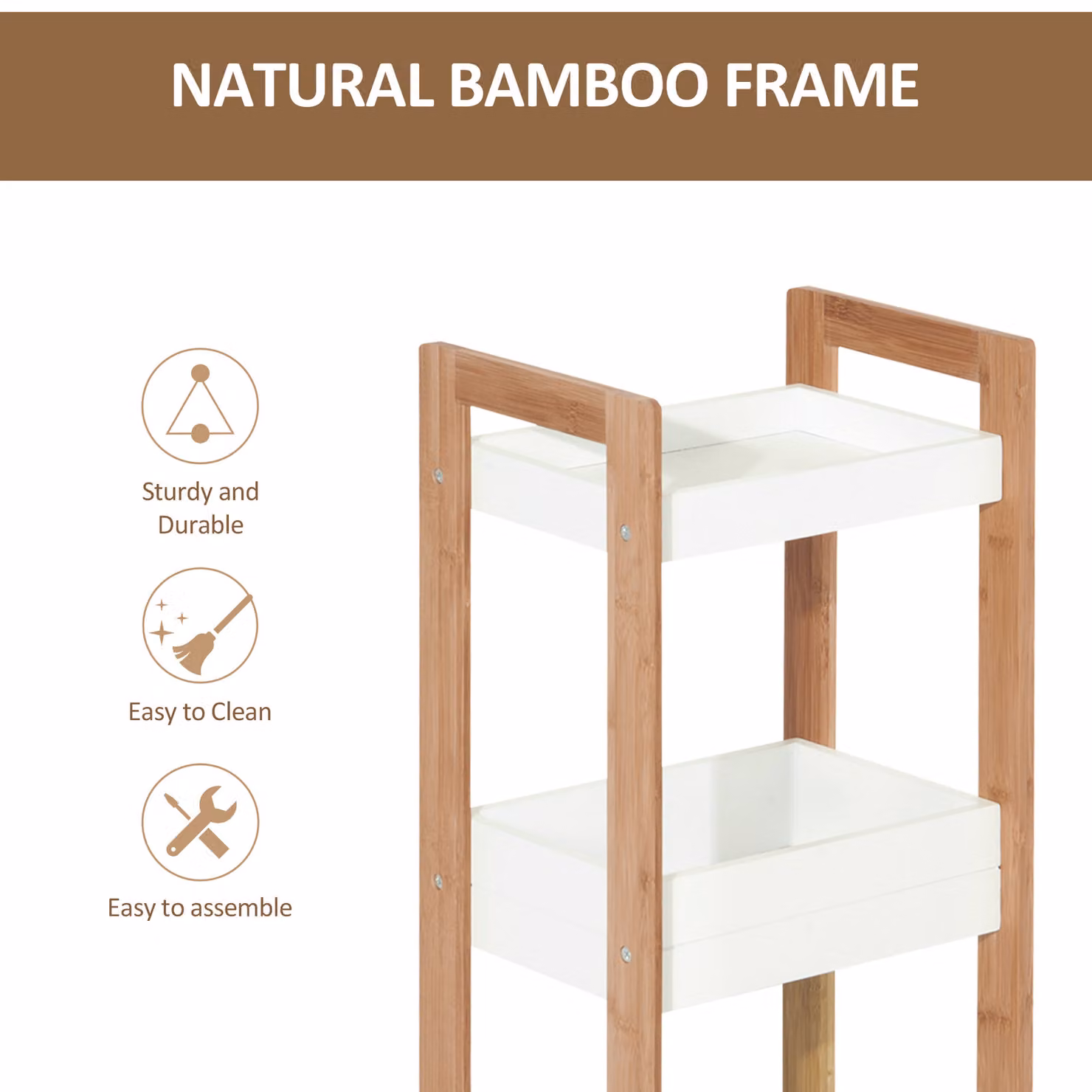 HOMCOM Bamboo Tiered Bathroom Caddy and Freestanding Organiser in Brown and White – 3