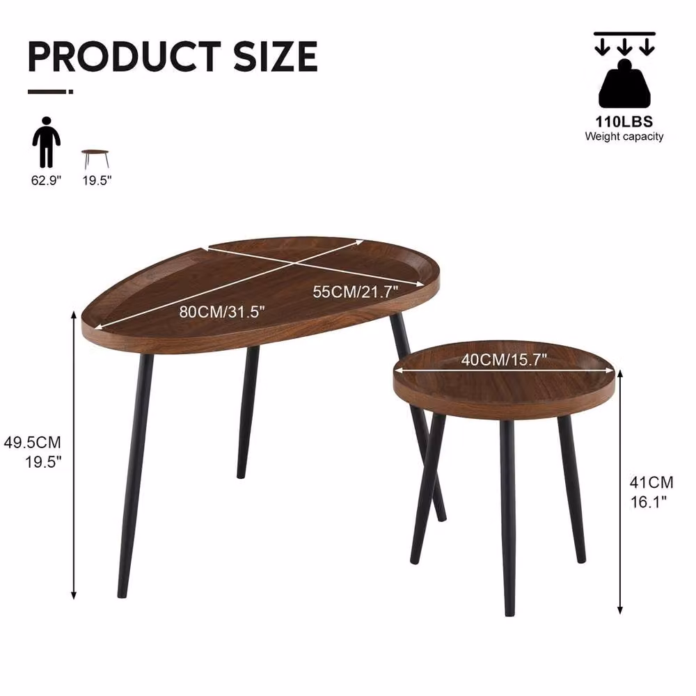 FORGEVIO Double Nested Coffee Table Set in Brown with Wood and Metal Construction – 2