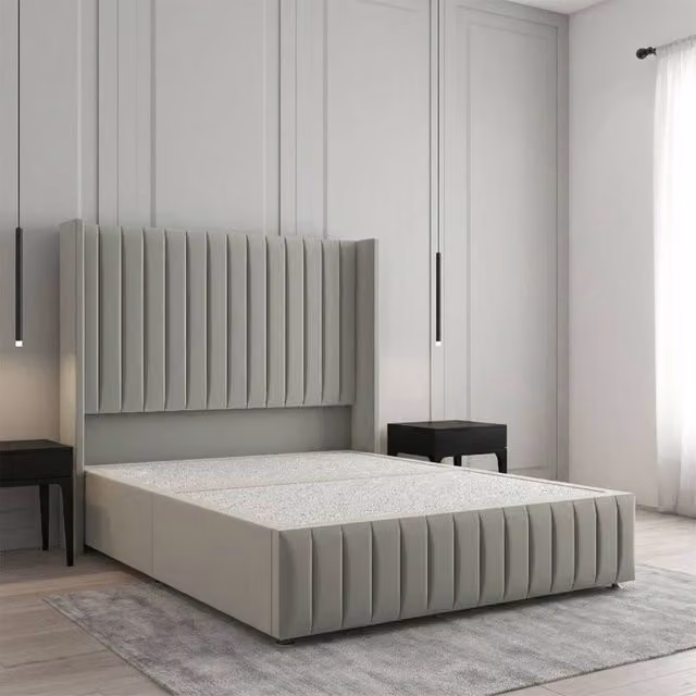 Regional Furnishings Luxury Double Divan Bed with Plush Silver Velvet Headboard and Footboard, W/D/H: 140 x 200 x 137.16 cm