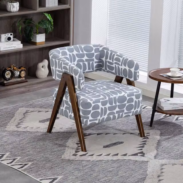 WestWood Mid-Century Fabric Tub Chair with Geometric Pattern in Grey and White