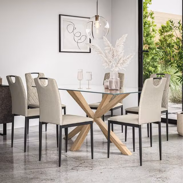 More4Homes Etta Glass Dining Table Set with Solid Oak Legs, Beige and Transparent, 6 Seater